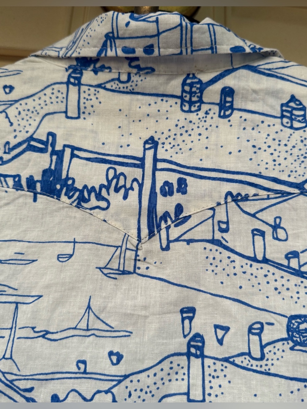 Calypso St,Barth Linen Blend Toile Coastal Croo top Shirt Blue White Size Large - Picture 6 of 9